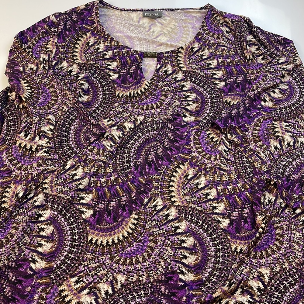 ROZ & ALI Size Women Top Blouse Purple Tan Print 3/4 Sleeve X22-32 - Picture 2 of 6